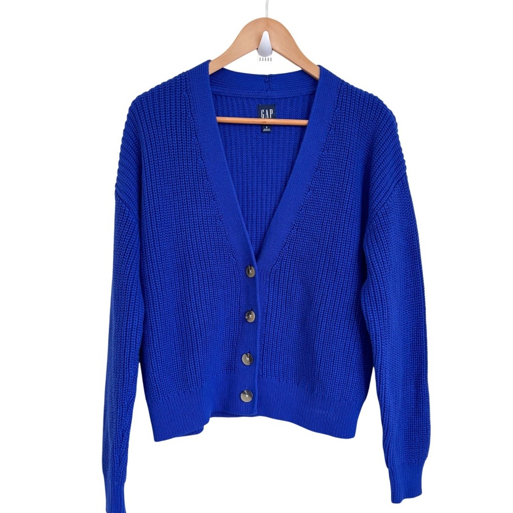 GAP Womens Chunky Classic Cotton Cardigan Sweater Small Bay Blue Shaker Stitch